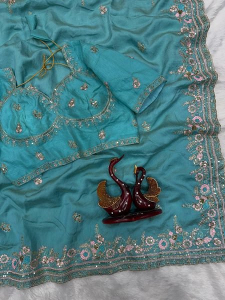 Sophisticated Sky Blue Vichitra Saree with Multi Color Embroidery at Wholesale Rate Designer Wedding Sarees Wholesale