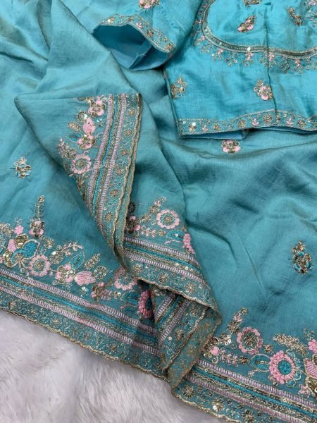 Sophisticated Sky Blue Vichitra Saree with Multi Color Embroidery at Wholesale Rate Designer Wedding Sarees Wholesale