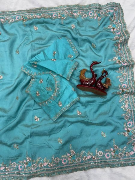 Sophisticated Sky Blue Vichitra Saree with Multi Color Embroidery at Wholesale Rate Designer Wedding Sarees Wholesale