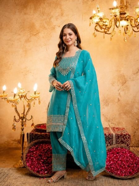 Sophisticated Sky Blue Women’s Crunchy Embroidered Kurti Salwar Dupatta Collection Kurtis
