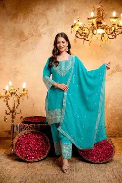 Sophisticated Sky Blue Women’s Crunchy Embroidered Kurti Salwar Dupatta Collection 3 Piece Kurti Set