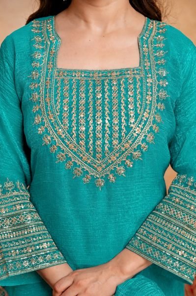 Sophisticated Sky Blue Women’s Crunchy Embroidered Kurti Salwar Dupatta Collection 3 Piece Kurti Set