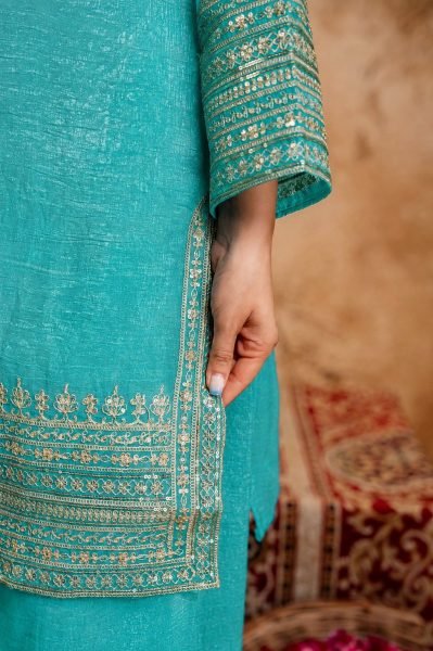 Sophisticated Sky Blue Women’s Crunchy Embroidered Kurti Salwar Dupatta Collection 3 Piece Kurti Set