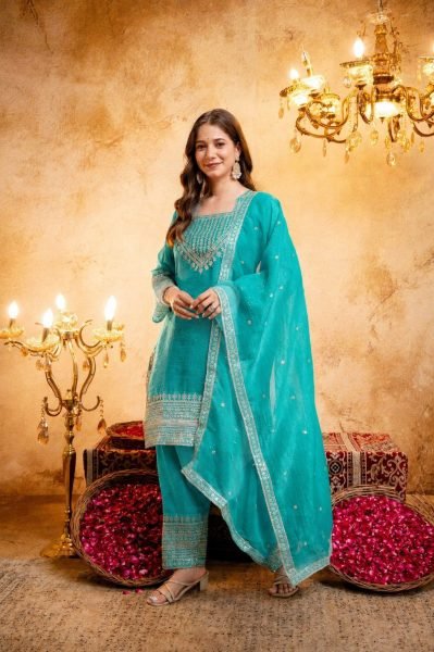Sophisticated Sky Blue Women’s Crunchy Embroidered Kurti Salwar Dupatta Collection 3 Piece Kurti Set