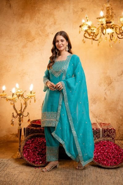 Sophisticated Sky Blue Women’s Crunchy Embroidered Kurti Salwar Dupatta Collection 3 Piece Kurti Set