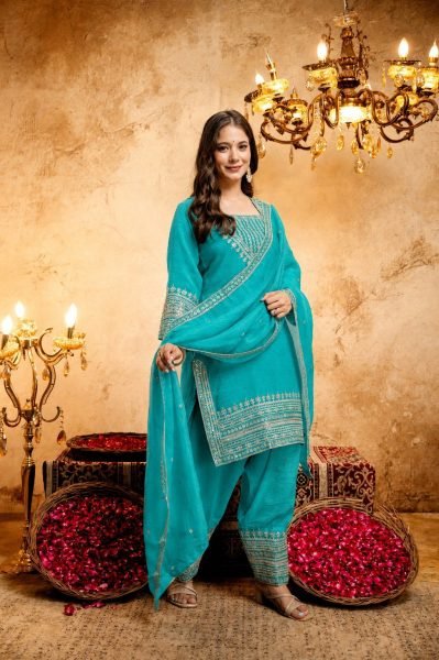 Sophisticated Sky Blue Women’s Crunchy Embroidered Kurti Salwar Dupatta Collection 3 Piece Kurti Set
