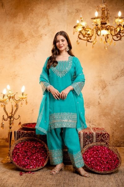 Sophisticated Sky Blue Women’s Crunchy Embroidered Kurti Salwar Dupatta Collection 3 Piece Kurti Set