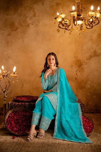 Sophisticated Sky Blue Women’s Crunchy Embroidered Kurti Salwar Dupatta Collection 3 Piece Kurti Set