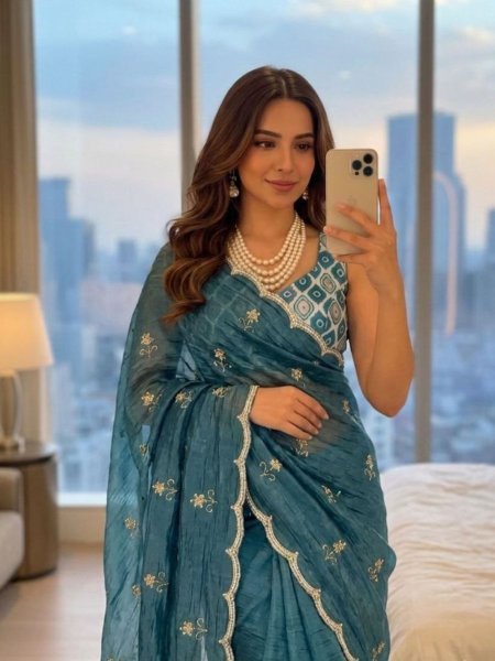 Sophisticated Steel Blue Gold Crush Silk Handwork Saree with Printed Silk Designer Blouse 