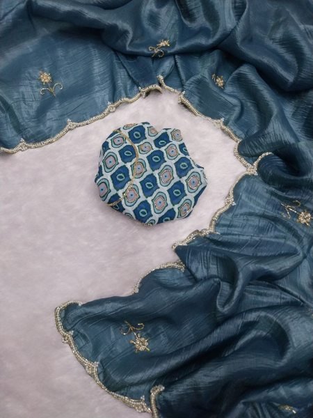 Sophisticated Steel Blue Gold Crush Silk Handwork Saree with Printed Silk Designer Blouse Silk Sarees Wholesale