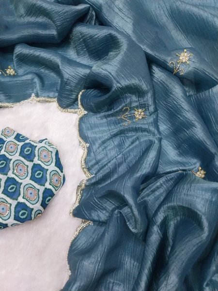 Sophisticated Steel Blue Gold Crush Silk Handwork Saree with Printed Silk Designer Blouse Silk Sarees Wholesale