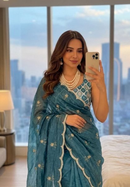Sophisticated Steel Blue Gold Crush Silk Handwork Saree with Printed Silk Designer Blouse Silk Sarees Wholesale
