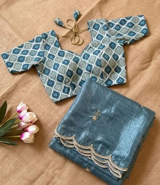 Sophisticated Steel Blue Gold Crush Silk Handwork Saree with Printed Silk Designer Blouse Silk Sarees Wholesale