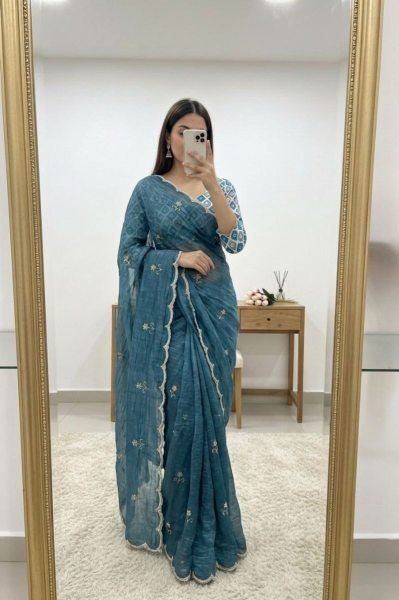 Sophisticated Steel Blue Gold Crush Silk Handwork Saree with Printed Silk Designer Blouse Silk Sarees Wholesale