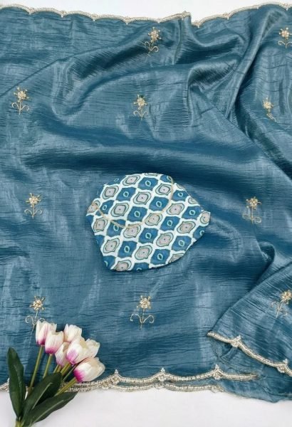 Sophisticated Steel Blue Gold Crush Silk Handwork Saree with Printed Silk Designer Blouse Silk Sarees Wholesale