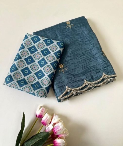 Sophisticated Steel Blue Gold Crush Silk Handwork Saree with Printed Silk Designer Blouse Silk Sarees Wholesale