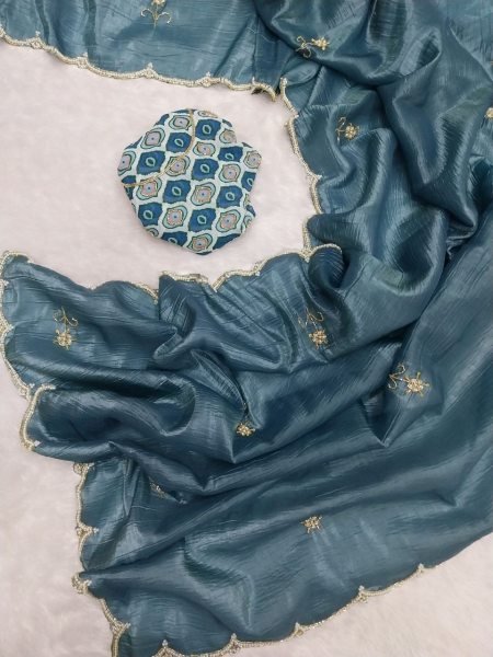 Sophisticated Steel Blue Gold Crush Silk Handwork Saree with Printed Silk Designer Blouse Silk Sarees Wholesale
