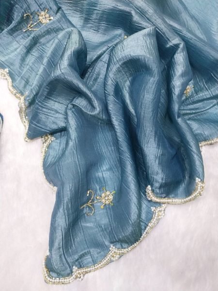 Sophisticated Steel Blue Gold Crush Silk Handwork Saree with Printed Silk Designer Blouse Silk Sarees Wholesale