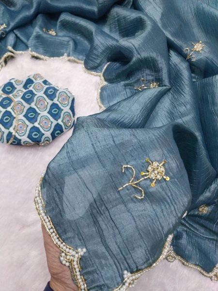 Sophisticated Steel Blue Gold Crush Silk Handwork Saree with Printed Silk Designer Blouse Silk Sarees Wholesale