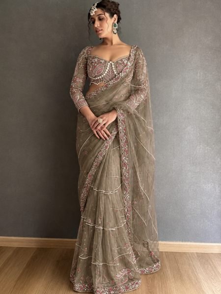 Sophisticated Taupe Heavy Diamond Work Saree With Heavy Embroidery Blouse Sarees 