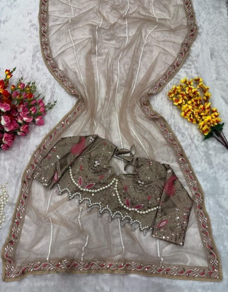 Sophisticated Taupe Heavy Diamond Work Saree With Heavy Embroidery Blouse Designer Wedding Sarees Wholesale