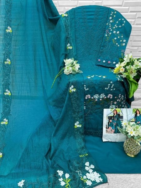 Sophisticated Teal Blue Cotton Dress Material with Embroidered Dupatta Set Pakistani Suits Wholesale