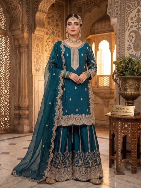 Sophisticated Teal Blue Designer Heavy Fendy Silk Suit Set with Silk Dupatta Wholesale Salwar Kameez Suppliers in New Zealand