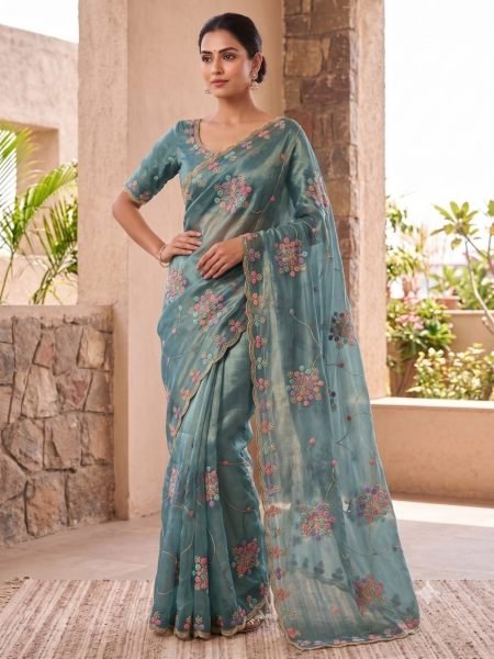 Sophisticated Teal Blue Designer Space Silk Saree with Floral Sequin Work  
