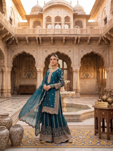 Sophisticated Teal Blue Designer Heavy Fendy Silk Suit Set with Silk Dupatta Designer Plazzo Salwar Suits Wholesale