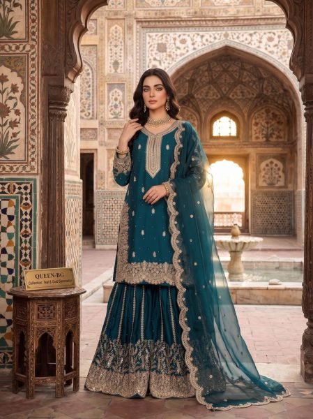Sophisticated Teal Blue Designer Heavy Fendy Silk Suit Set with Silk Dupatta Designer Plazzo Salwar Suits Wholesale