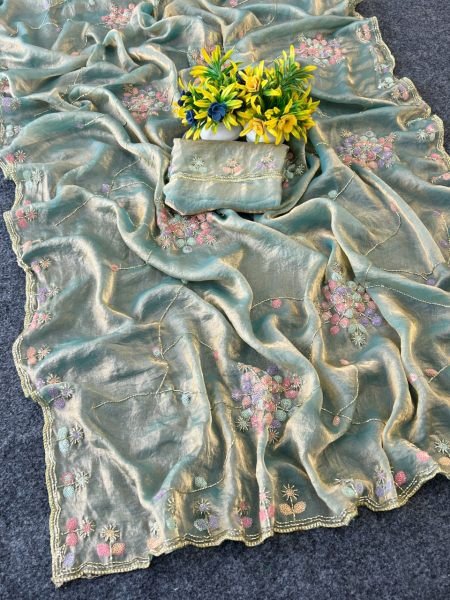 Sophisticated Teal Blue Designer Space Silk Saree with Floral Sequin Work  Silk Sarees Wholesale