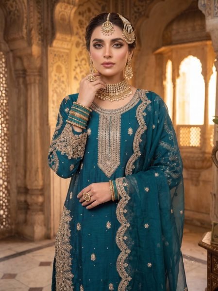 Sophisticated Teal Blue Designer Heavy Fendy Silk Suit Set with Silk Dupatta Designer Plazzo Salwar Suits Wholesale