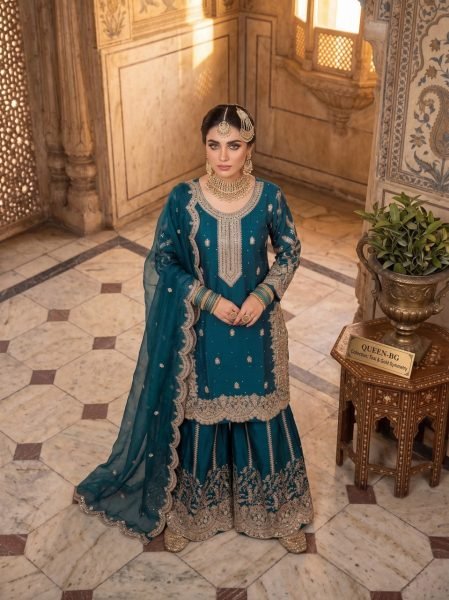 Sophisticated Teal Blue Designer Heavy Fendy Silk Suit Set with Silk Dupatta Designer Plazzo Salwar Suits Wholesale