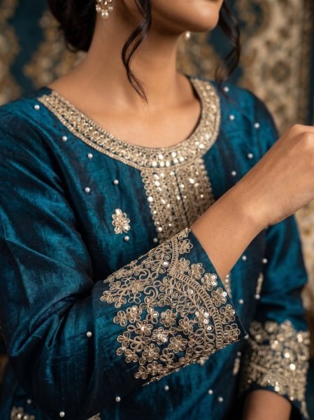 Sophisticated Teal Blue Designer Heavy Fendy Silk Suit Set with Silk Dupatta Designer Plazzo Salwar Suits Wholesale