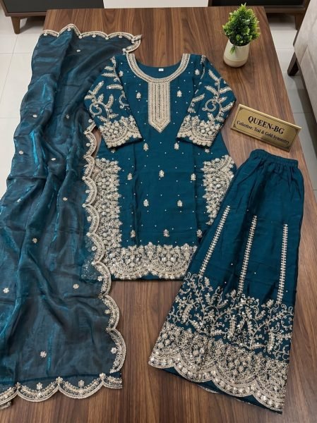 Sophisticated Teal Blue Designer Heavy Fendy Silk Suit Set with Silk Dupatta Designer Plazzo Salwar Suits Wholesale