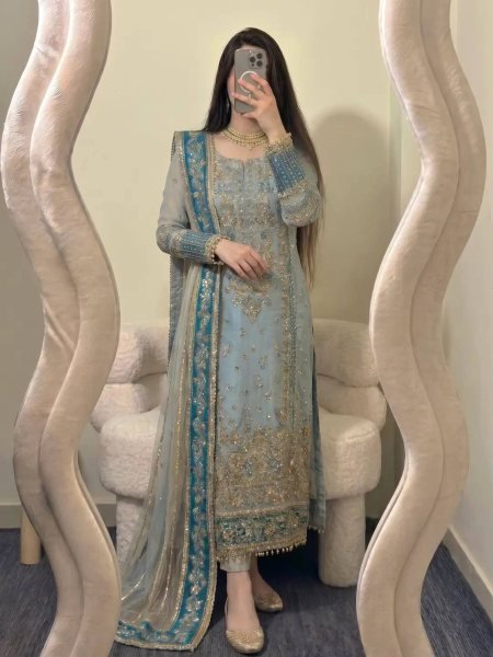 Sophisticated Teal Blue Fox Georgette Embroidered Kurti Pant Set with Sequence Work Dupatta 