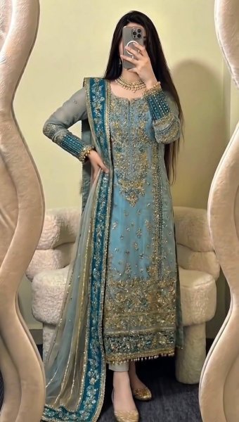 Sophisticated Teal Blue Fox Georgette Embroidered Kurti Pant Set with Sequence Work Dupatta Ready To Wear Collection