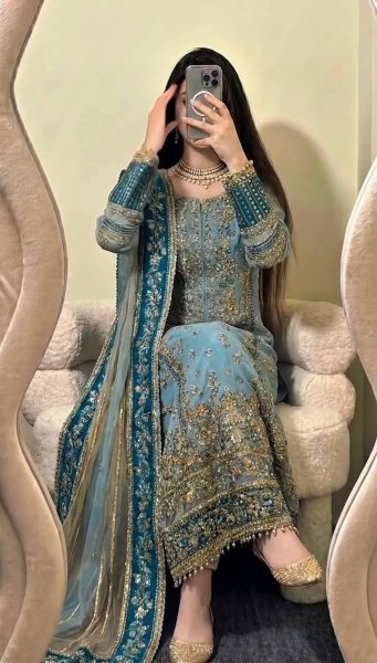 Sophisticated Teal Blue Fox Georgette Embroidered Kurti Pant Set with Sequence Work Dupatta Ready To Wear Collection