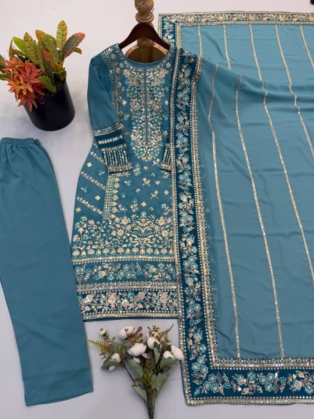 Sophisticated Teal Blue Fox Georgette Embroidered Kurti Pant Set with Sequence Work Dupatta Ready To Wear Collection