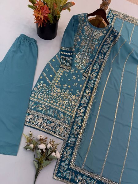 Sophisticated Teal Blue Fox Georgette Embroidered Kurti Pant Set with Sequence Work Dupatta Ready To Wear Collection