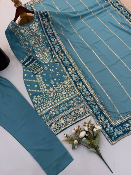 Sophisticated Teal Blue Fox Georgette Embroidered Kurti Pant Set with Sequence Work Dupatta Ready To Wear Collection