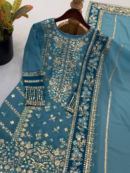 Sophisticated Teal Blue Fox Georgette Embroidered Kurti Pant Set with Sequence Work Dupatta Ready To Wear Collection