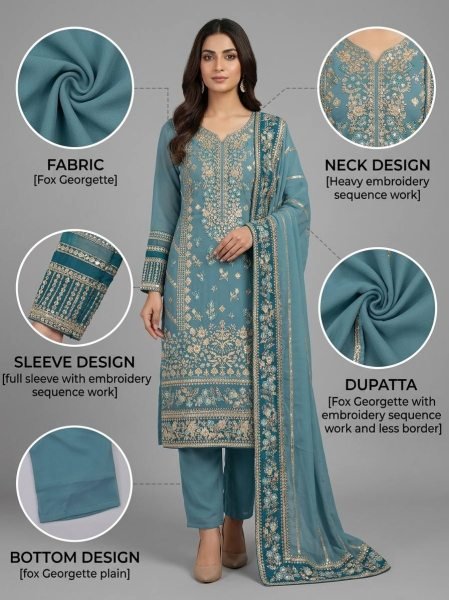 Sophisticated Teal Blue Fox Georgette Embroidered Kurti Pant Set with Sequence Work Dupatta Ready To Wear Collection