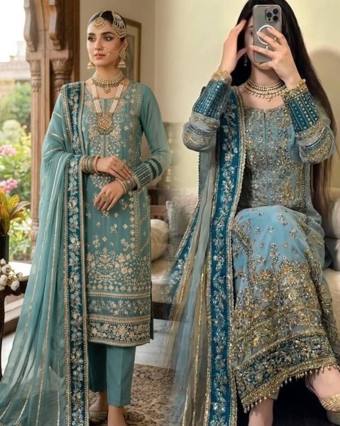 Sophisticated Teal Blue Fox Georgette Embroidered Kurti Pant Set with Sequence Work Dupatta Ready To Wear Collection