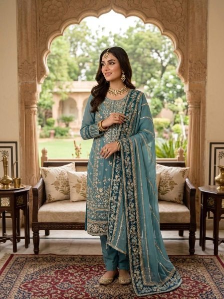 Sophisticated Teal Blue Fox Georgette Embroidered Kurti Pant Set with Sequence Work Dupatta Ready To Wear Collection