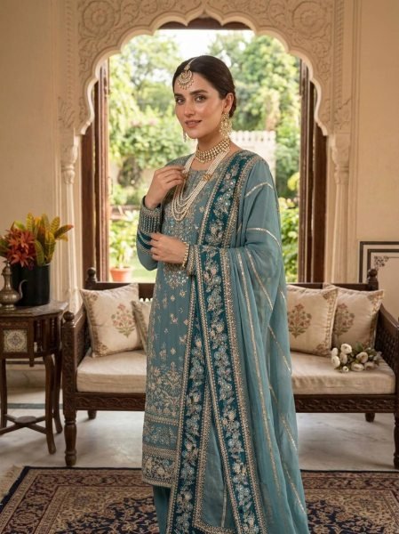 Sophisticated Teal Blue Fox Georgette Embroidered Kurti Pant Set with Sequence Work Dupatta Ready To Wear Collection