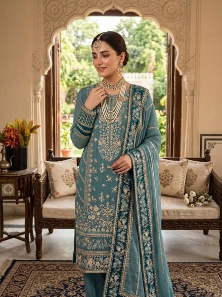 Sophisticated Teal Blue Fox Georgette Embroidered Kurti Pant Set with Sequence Work Dupatta Ready To Wear Collection