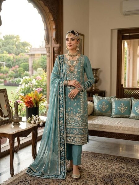 Sophisticated Teal Blue Fox Georgette Embroidered Kurti Pant Set with Sequence Work Dupatta Ready To Wear Collection