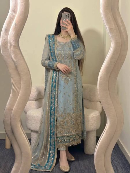Sophisticated Teal Blue Fox Georgette Embroidered Kurti Pant Set with Sequence Work Dupatta Ready To Wear Collection