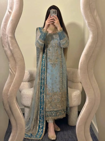 Sophisticated Teal Blue Fox Georgette Embroidered Kurti Pant Set with Sequence Work Dupatta Ready To Wear Collection